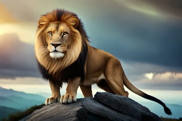 Sticker - A magnificent male lion with a majestic golden mane, standing proudly on a rocky cliff