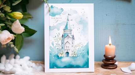 Sticker - Watercolor Baptism Celebration Card with Church Frame. Generative AI