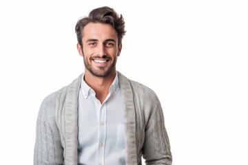 Portrait of a handsome young man smiling at camera isolated on white background