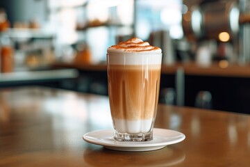 a glass glass of latte macchiato coffee on a table in a cafe. AI generated