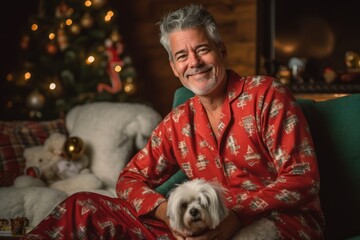  Portrait of happy senior man in pajamas sitting on sofa with dog at home