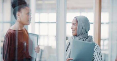 Aufkleber - Business, happy women and discussion while walking in office for teamwork, collaboration and chat. Diversity, female employees and talking in conversation, speaking and networking in global company