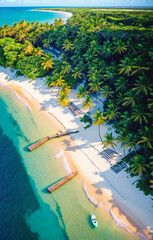 Aerial view of beautiful tropical beach with coconut palm trees, blue lagoon and white sand. Generative AI.