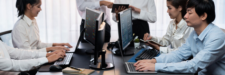 software development team working together in office, coding script display on computer monitor. pro