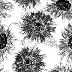 Wall Mural - Sunflower Seamless Pattern. Outline Flowers Wallpaper. Artistic Sketch Drawing Floral Illustration. Hand Drawn Beauty Plants. Vector Illustration on White Background. For textile, fabric, design.