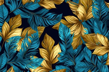 Wall Mural - Abstract Background In Blue Color With Golden Tropical Leaves