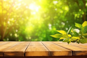 Poster - wooden table with fresh green leaves on to Generative AI