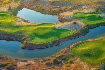 Poster - an elevated view of a golf course featuring a water hazard Generative AI