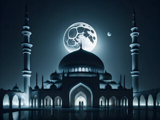 Wall Mural - moon shining behind a mosque, islamic eid background generative image