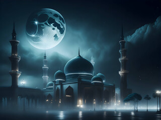 Wall Mural - moon shining behind a mosque, islamic eid background generative image