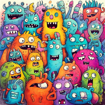 Monster doodle watercolor