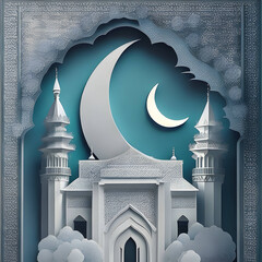 Wall Mural - eid background paper art, islamc mosque background with moon, dark color generative eid image