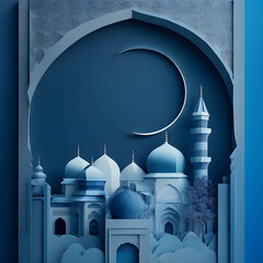 Wall Mural - eid background paper art, islamc mosque background with moon, dark color generative eid image