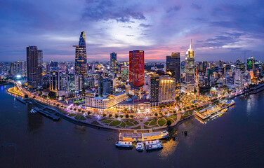 Sunset on Saigon riverside, Ho Chi Minh city Vietnam. Photo taken on May 2023	