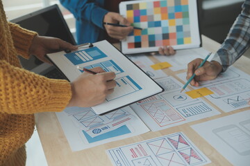 Website designer Creative planning application development draft sketch drawing template layout framework wireframe design studio . User experience concept .