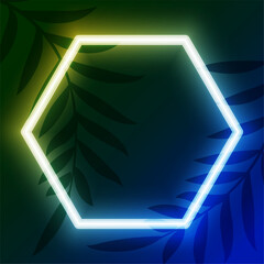 Poster - luminous hexagon neon laser frame background with leaves design