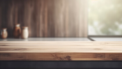 Beautiful empty brown wooden table top and blurred defocused modern kitchen interior background with daylight flare, product montage display. generative ai