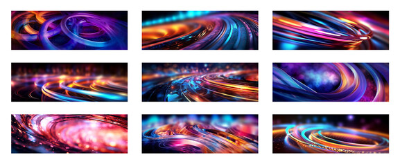 Wall Mural - Abstract Technology web banners set.  Global cyber network concept, colorful lines circles connectivity design for wireless WIFI connection technology. Generative AI