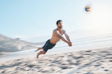 Poster - Sports, moving and man with volleyball, beach or exercise, competition or workout for wellness. Male person, athlete and player with fitness, seaside and game with speed, sand and health with cardio