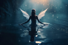Sci-fi, Fantasy Concept. Fairy With Wings Walking On Water. Abstract Minimalistic, Magical And Mysterious Atmosphere. Dark And Spooky Nature Background. Generative AI