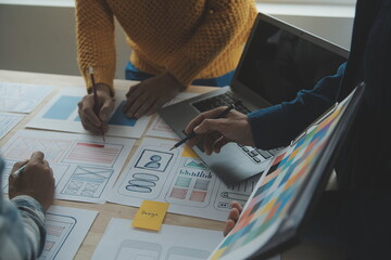 ux Graphic designer creative sketch planning application process development prototype wireframe for web mobile phone . User experience concept.