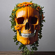 An orange large skull with white teeth in foliage on a gray background. Halloween pumpkin skull. Generative AI
