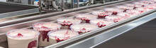 Ice Cream At A Food Processing Plant, Ready For Automatic Packaging. Automated Ice Cream Production. Ice Cream In A Plastic Bucket. AI Generative