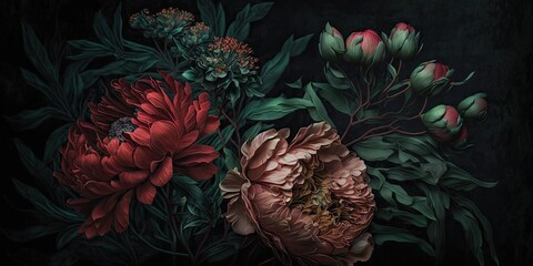 Wall Mural - Subtly textured red and green painted flowers dark moody background. Generative AI AIG15.