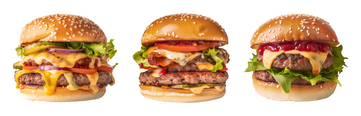 Hamburgers with two cutlets s isolated on transparent background. Generative AI