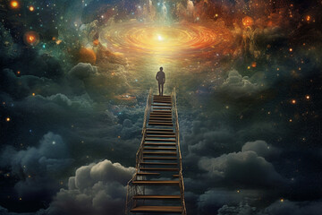 Aufkleber -  A digital artwork featuring a person standing on a ladder reaching towards a cosmic portal.  Generative AI technology.