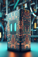 Aufkleber -  An abstract digital artwork featuring a charging station composed of geometric shapes and patterns, symbolizing the integration of technology and sustainability.  Generative AI technology.