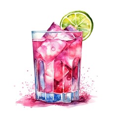 Wall Mural - Refreshing pink drink or cocktail with ice, garnished with a slice of lime. Generative AI