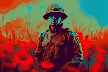 Wall Mural -  illustration of a soldier in the poppy field during golden sunset.AI Generative