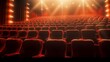Movie or theater auditorium with red seats and spotlights. 3D Rendering, generative Ai