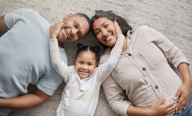 Sticker - Top view, mom and dad with portrait of happy child for love, care and bonding of quality time together at home. Face of mother, father and girl kid relax with family in house for fun, smile and play