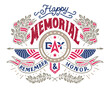 USA Happy Memorial Day. Hand lettered greeting card with a wreath and American flags. Hand-drawn vintage typography illustration