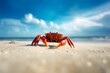 A red crab on a beach with the blue sky in the background