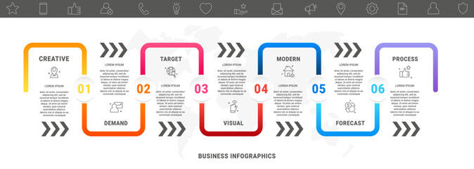 Presentation vector business infographic template. Timeline infographics step by step options with six icons and arrows. Modern concept
