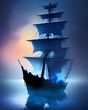 Ghost sailing ship with a multicolored sky  Generative AI.