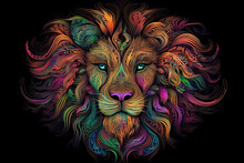 Animal Illustration Of A Lion Face With Fractal Neon Pop Style.AI Generative