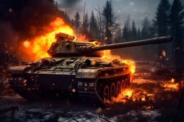 Wall Mural - Tank in on fire on the battle field, AI generated