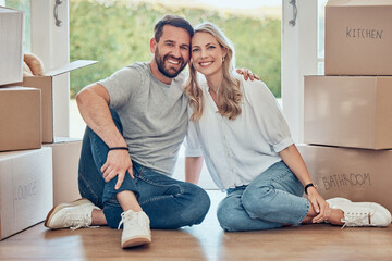 Sticker - House, portrait and happy couple on floor of new home, real estate and property loan for relocation. Man, woman and partner moving in together for building investment, mortgage and boxes in apartment