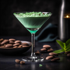 Wall Mural - Sweet and creamy Grasshopper cocktail made with creme de menthe, white creme de cacao, heavy cream.. AI generated