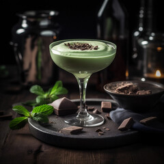 Wall Mural - Sweet and creamy Grasshopper cocktail made with creme de menthe, white creme de cacao, heavy cream.. AI generated