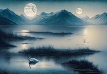 Moonlight Lake With Swans, Oil-paint Effect, Generative AI Illustration