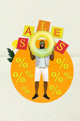 Sticker - Collage 3d pop sketch image of funky guy announcing summer vacating sales isolated painting background