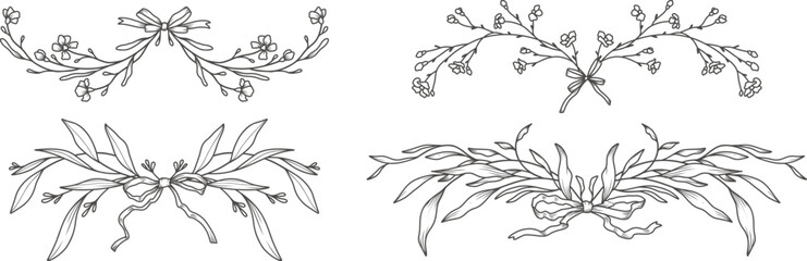 Wall Mural - Hand drawn vintage floral borders, frames, dividers with flowers, leaves and ribbon bows. Trendy greenery elements in line art style. Vector for label, corporate identity, wedding invitation, card