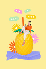 Poster - Poster banner creative collage of millennial lady in headphones speak network with friends relax on exotic tropical resort