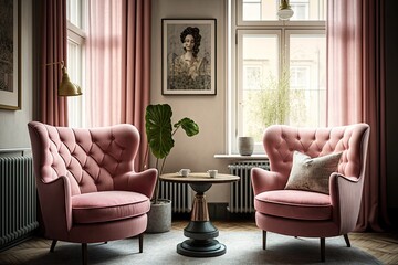 Poster - a pair of pink armchairs and a coffee table in the living room are perfect for reading and relax, created with generative ai