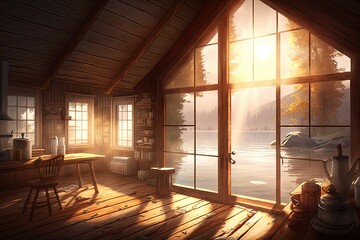 Poster - a cabin on the lake, with sunlight shining through the windows onto a cozy interior, created with generative ai